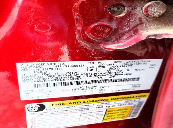 1FMJK1HT0LEA93964 2020 FORD EXPEDITION Red VIN კოდის სტიკერის ხედი