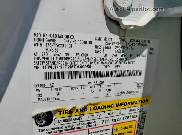 1FMJK1HT2MEA49059 2021 FORD EXPEDITION White Vista de la etiqueta del VIN