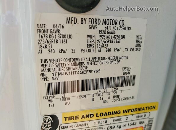 1FMJK1HT4GEF50765 2016 FORD EXPEDITION White Widok naklejki z numerem VIN