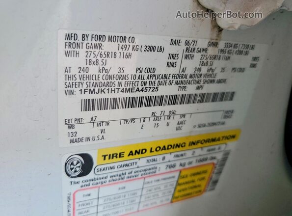 1FMJK1HT4MEA45725 2021 FORD EXPEDITION White VIN կոդի պիտակի տեսք