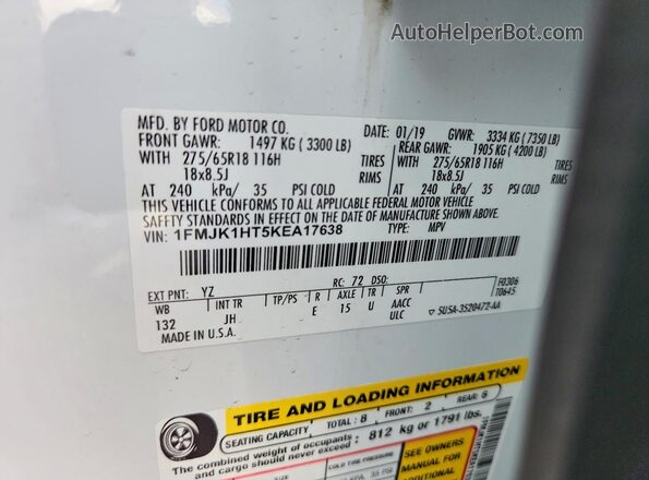 1FMJK1HT5KEA17638 2019 FORD EXPEDITION Белый Панорамный вид салона 360°