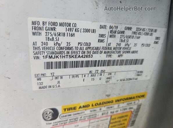 1FMJK1HT5KEA42653 2019 FORD EXPEDITION White VIN კოდის სტიკერის ხედი