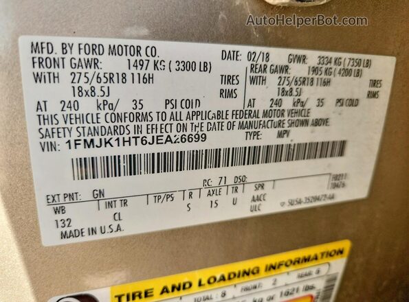 1FMJK1HT6JEA26699 2018 FORD EXPEDITION Золотой Вид наклейки с VIN-кодом