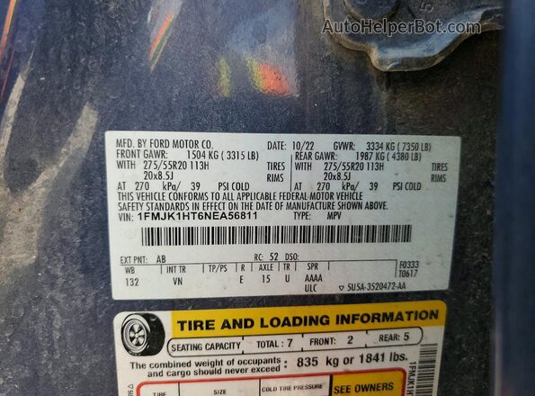 1FMJK1HT6NEA56811 2022 FORD EXPEDITION Gray Вид наклейки з VIN-кодом