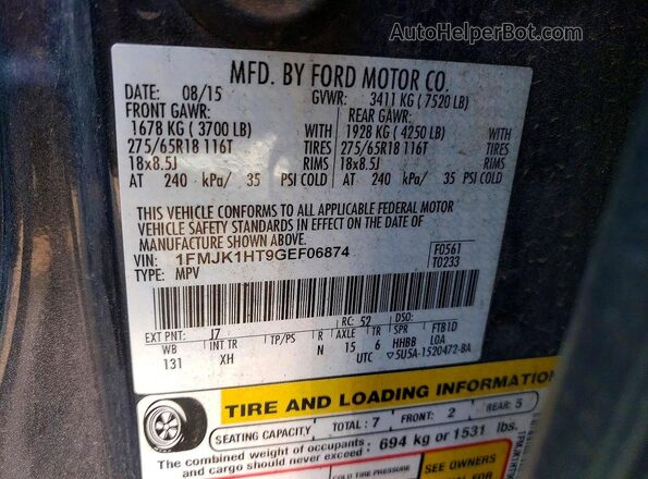 1FMJK1HT9GEF06874 2016 FORD EXPEDITION Charcoal Вид наклейки з VIN-кодом