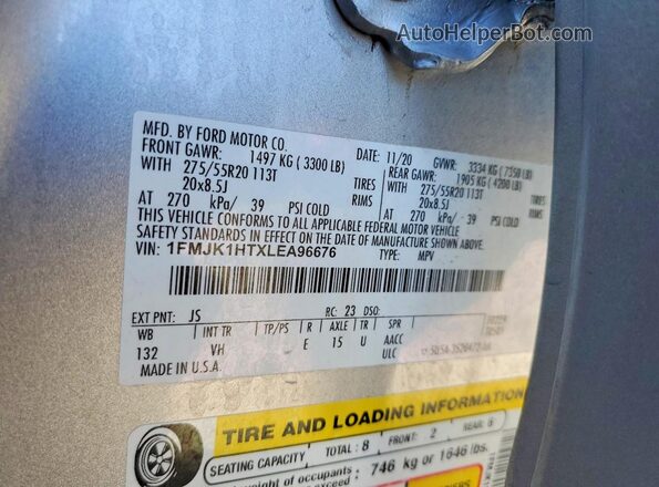 1FMJK1HTXLEA96676 2020 FORD EXPEDITION Silver VIN sticker view