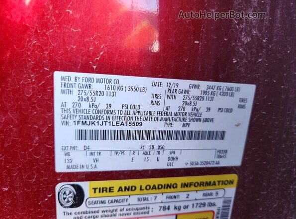 1FMJK1JT1LEA15509 2020 FORD EXPEDITION Red Vista de la etiqueta del VIN