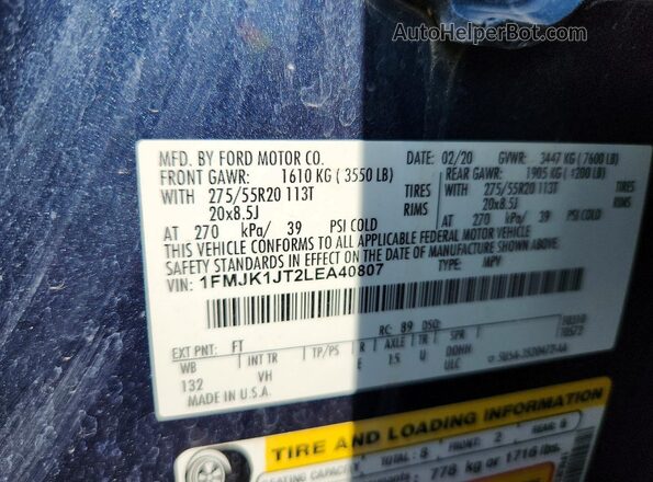 1FMJK1JT2LEA40807 2020 FORD EXPEDITION Blue Vista de la etiqueta del VIN