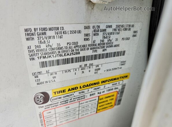 1FMJK1JT6LEA25288 2020 FORD EXPEDITION Белый Вид наклейки с VIN-кодом
