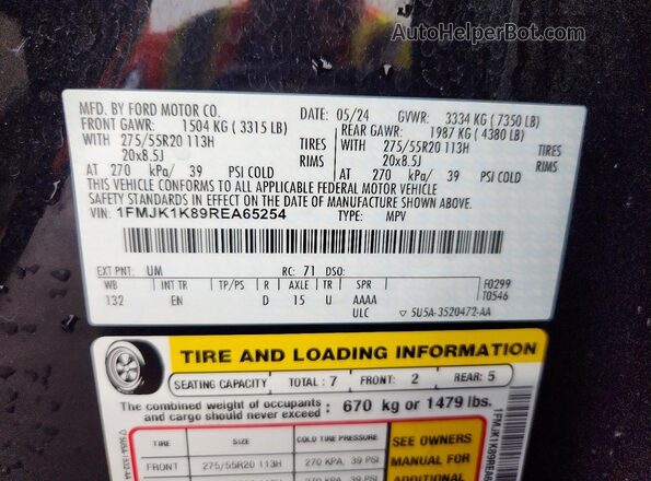 1FMJK1K89REA65254 2024 FORD EXPEDITION Black Widok naklejki z numerem VIN