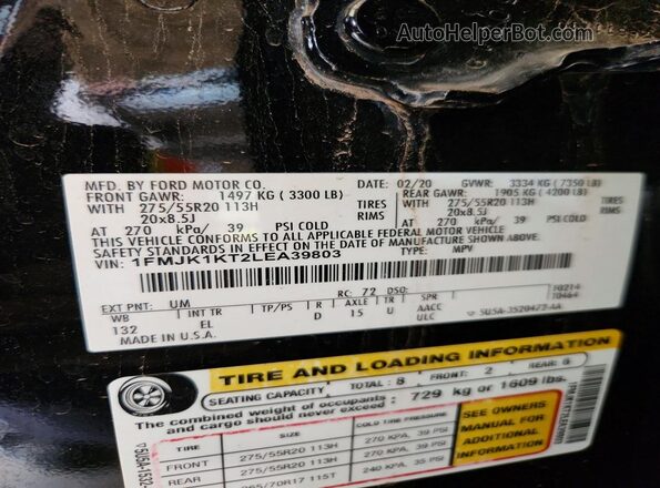 1FMJK1KT2LEA39803 2020 FORD EXPEDITION Black VIN კოდის სტიკერის ხედი