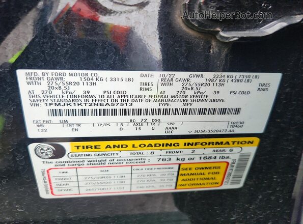 1FMJK1KT2NEA57513 2022 FORD EXPEDITION Black Widok naklejki z numerem VIN