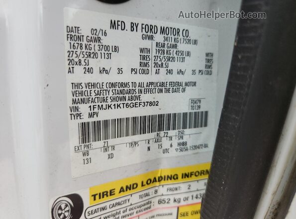 1FMJK1KT6GEF37802 2016 FORD EXPEDITION White Widok naklejki z numerem VIN