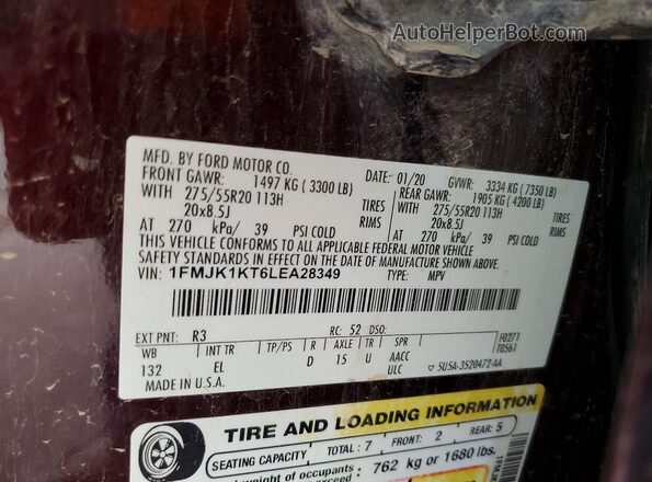 1FMJK1KT6LEA28349 2020 FORD EXPEDITION Maroon Вид наклейки з VIN-кодом