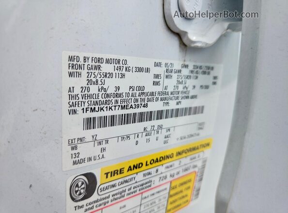 1FMJK1KT7MEA39748 2021 FORD EXPEDITION Белый Вид подкапотного пространства