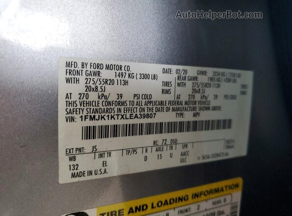 1FMJK1KTXLEA39807 2020 FORD EXPEDITION Silver Vista del compartimento del motor