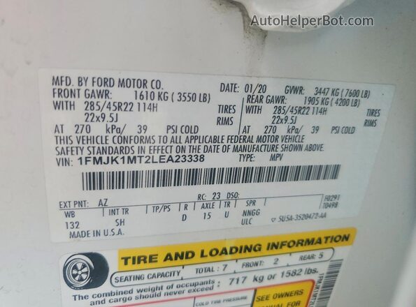 1FMJK1MT2LEA23338 2020 FORD EXPEDITION White VIN sticker view