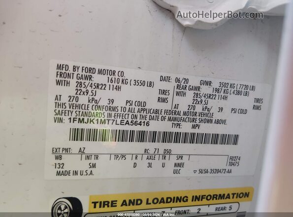 1FMJK1MT7LEA56416 2020 FORD EXPEDITION White Vista del compartimento del motor
