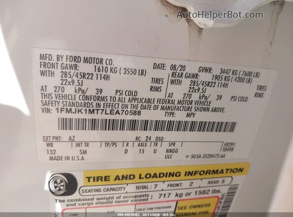 1FMJK1MT7LEA70588 2020 FORD EXPEDITION White Vista del compartimento del motor