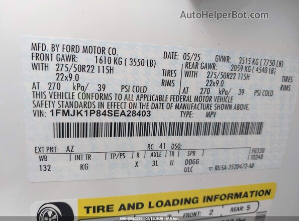 1FMJK1P84SEA28403 2025 FORD EXPEDITION White Vista del compartimento del motor