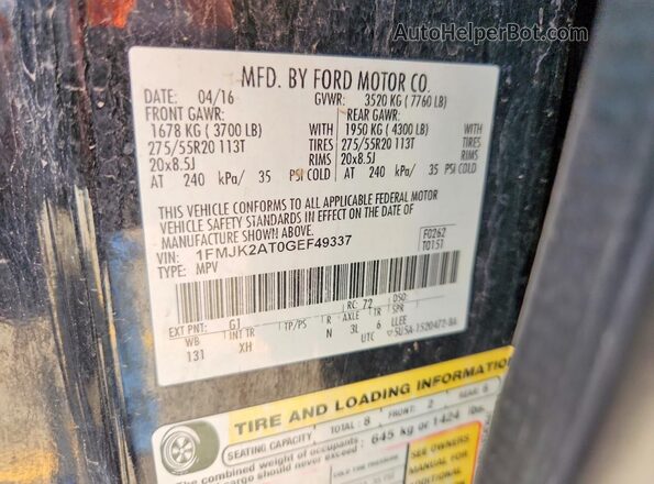 1FMJK2AT0GEF49337 2016 FORD EXPEDITION Black Widok naklejki z numerem VIN