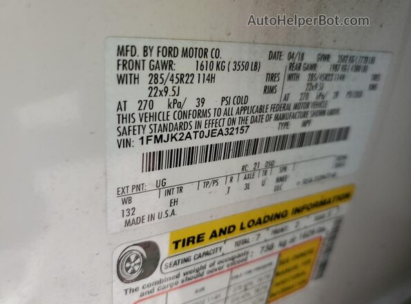 1FMJK2AT0JEA32157 2018 FORD EXPEDITION White Widok naklejki z numerem VIN