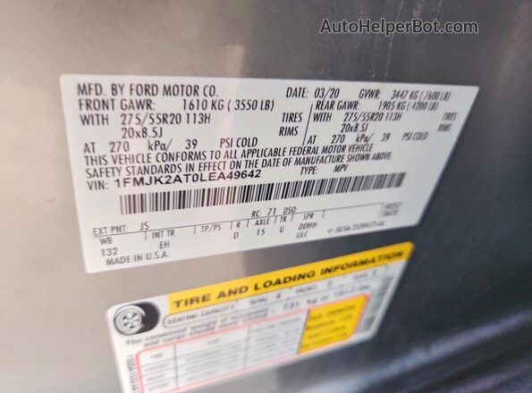 1FMJK2AT0LEA49642 2020 FORD EXPEDITION Silver Vista de la etiqueta del VIN