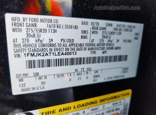 1FMJK2AT1LEA40013 2020 FORD EXPEDITION Black VIN sticker view