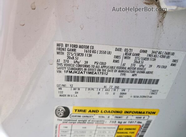 1FMJK2AT1MEA17512 2021 FORD EXPEDITION White VIN კოდის სტიკერის ხედი