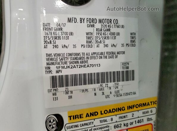 1FMJK2AT2HEA70113 2017 FORD EXPEDITION White Widok naklejki z numerem VIN
