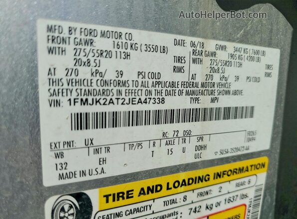 1FMJK2AT2JEA47338 2018 FORD EXPEDITION Silver 