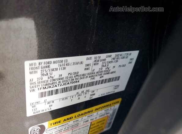 1FMJK2AT2JEA70084 2018 FORD EXPEDITION Charcoal Вид наклейки з VIN-кодом