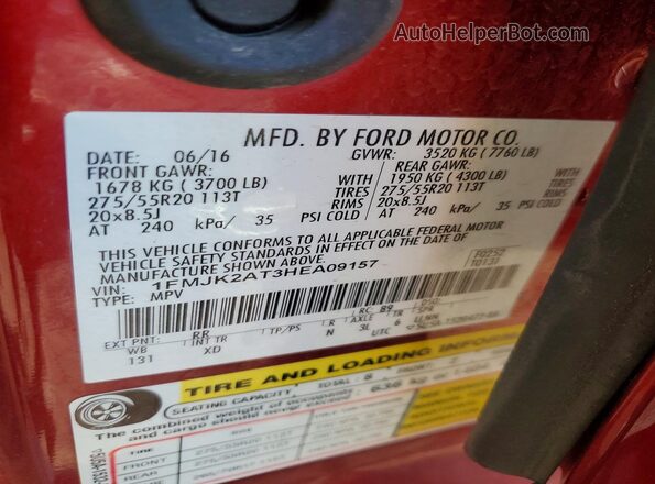 1FMJK2AT3HEA09157 2017 FORD EXPEDITION Red VIN კოდის სტიკერის ხედი