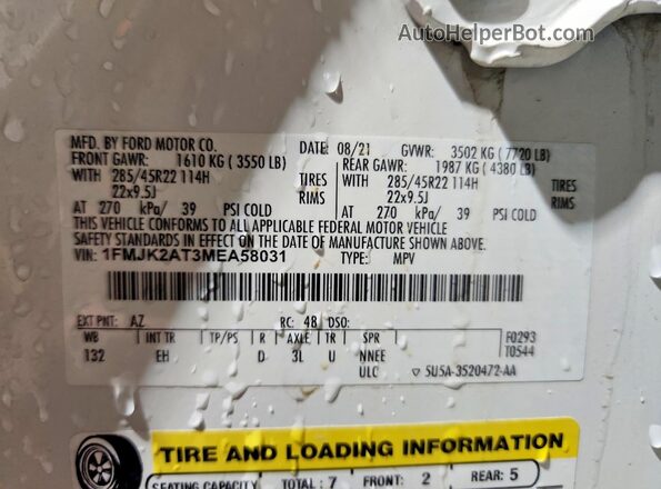 1FMJK2AT3MEA58031 2021 FORD EXPEDITION White Vista de la etiqueta del VIN