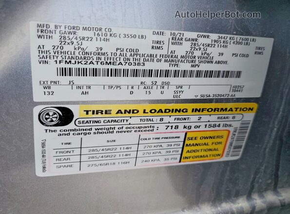 1FMJK2AT6MEA70383 2021 FORD EXPEDITION Silver VIN კოდის სტიკერის ხედი