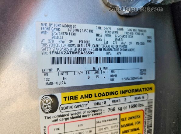 1FMJK2AT8MEA36591 2021 FORD EXPEDITION Серебряный Панорамный вид салона 360°