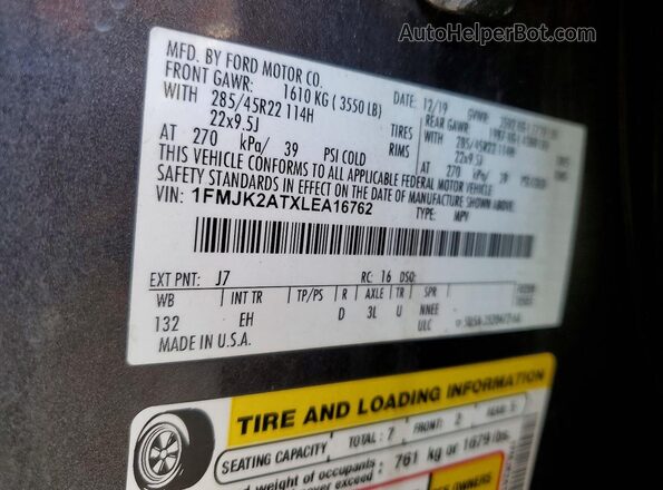 1FMJK2ATXLEA16762 2020 FORD EXPEDITION Gray 