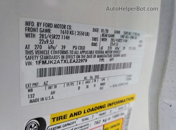 1FMJK2ATXLEA22979 2020 FORD EXPEDITION Белый Вид наклейки с VIN-кодом