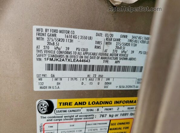 1FMJK2ATXLEA44643 2020 FORD EXPEDITION Tan Вид наклейки з VIN-кодом
