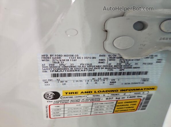 1FMJU1G86REA87263 2024 FORD EXPEDITION Белый Панорамный вид салона 360°