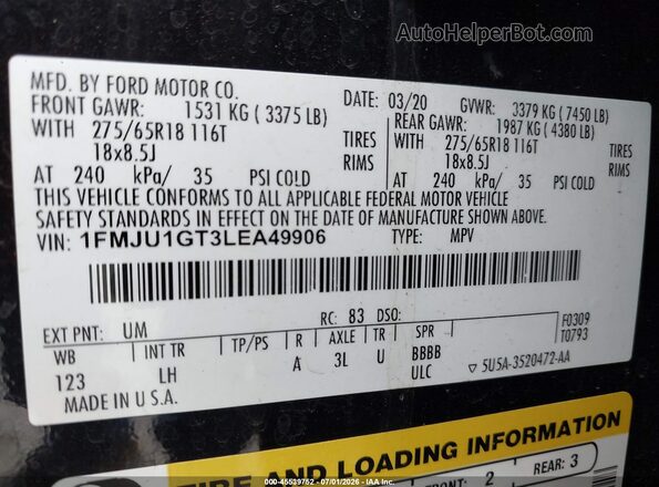 1FMJU1GT3LEA49906 2020 FORD EXPEDITION Black Widok komory silnika