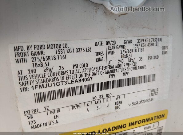 1FMJU1GT3LEA84087 2020 FORD EXPEDITION White Vista del compartimento del motor
