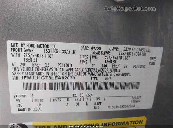 1FMJU1GT8LEA82030 2020 FORD EXPEDITION Gray Widok komory silnika