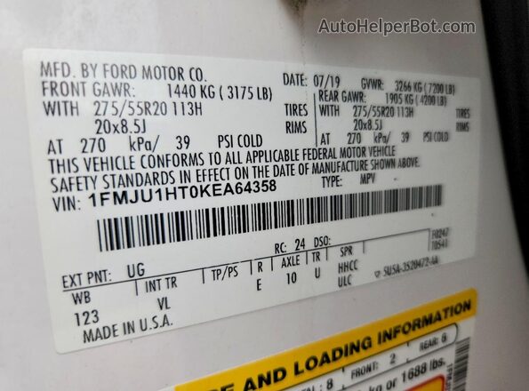 1FMJU1HT0KEA64358 2019 FORD EXPEDITION White VIN sticker view