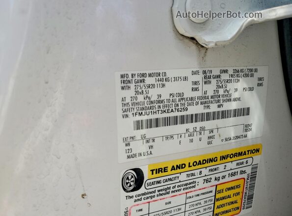 1FMJU1HT3KEA76259 2019 FORD EXPEDITION White Vista de la etiqueta del VIN