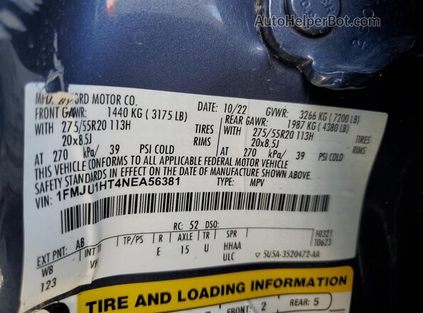 1FMJU1HT4NEA56381 2022 FORD EXPEDITION Blue VIN sticker view