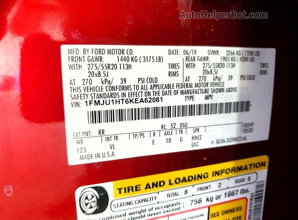 1FMJU1HT6KEA62081 2019 FORD EXPEDITION Red Widok naklejki z numerem VIN