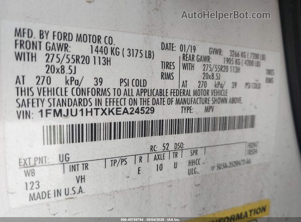 1FMJU1HTXKEA24529 2019 FORD EXPEDITION White Engine compartment view