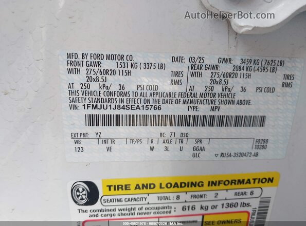 1FMJU1J84SEA15766 2025 FORD EXPEDITION White Вид підкапотного простору