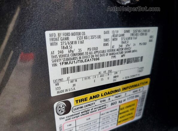1FMJU1JT0LEA17696 2020 FORD EXPEDITION Серый Вид наклейки с VIN-кодом